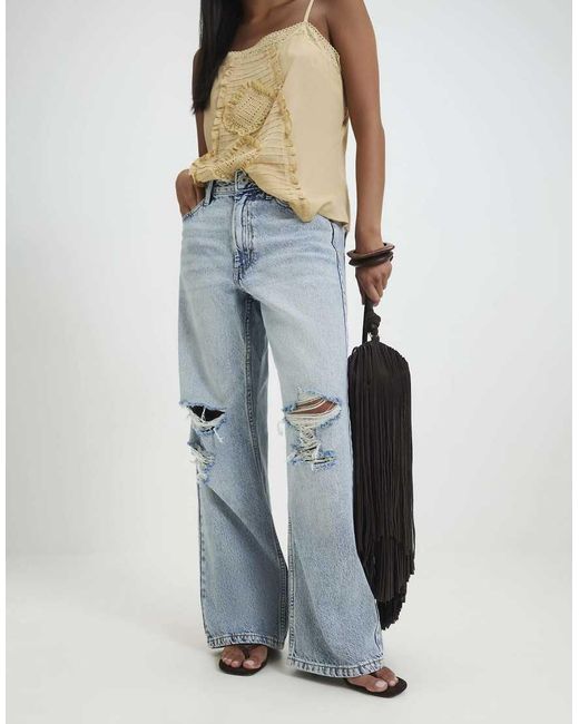 River Island Blue Relaxed Straight Leg Ripped Jeans