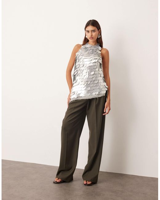 ARRANGE White Embellished Shard Sequin Longline Halter Neck Top