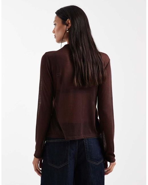 ASOS Red Knit-Look Semi Sheer Long Sleeve Top With Drape Neck