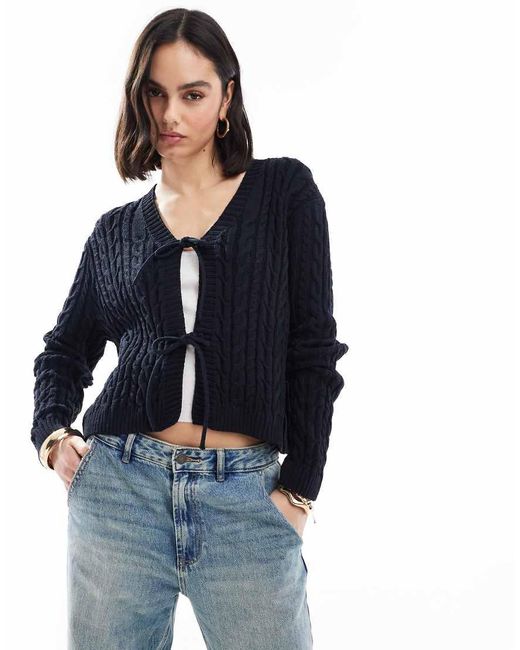 ASOS Blue Tie Front Cardigan With Cable Stitch