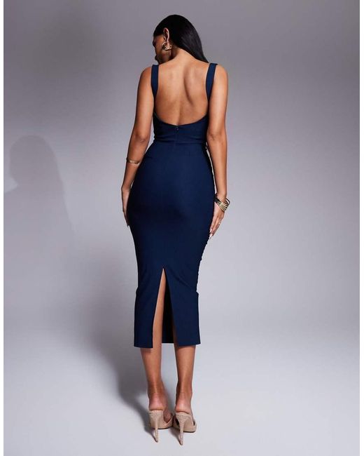 Vesper Blue Bengaline Low Back Midi Dress