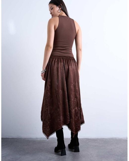 TOPSHOP Brown Satin Hanky Hem Midi Skirt With Lace Embroidery