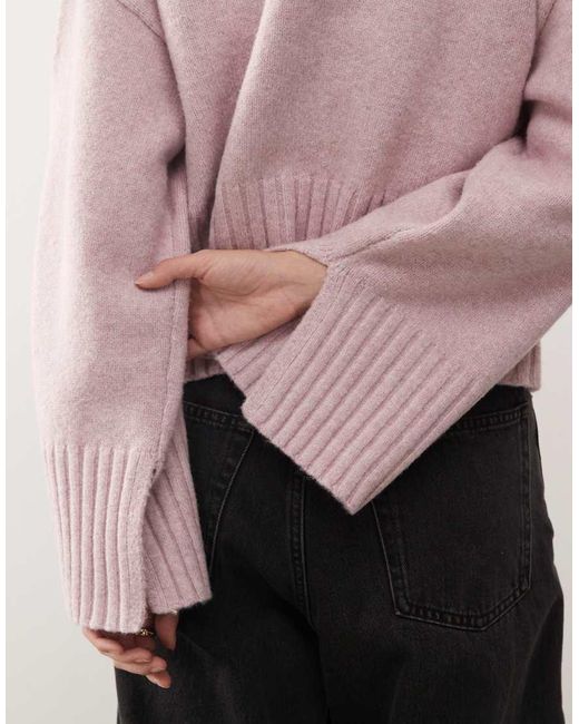 Monki Pink Crew Neck Knitted Jumper With Ribbed Cuffs And Hem Detail