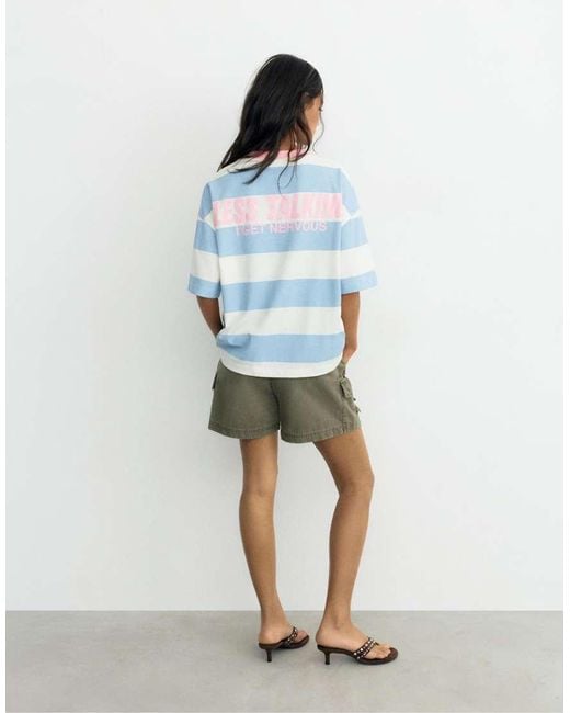 Pull&Bear Blue Oversize Striped Graphic T-Shirt