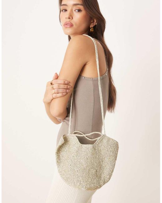 Mango Natural Crochet Bucket Bag With Metalic Finish