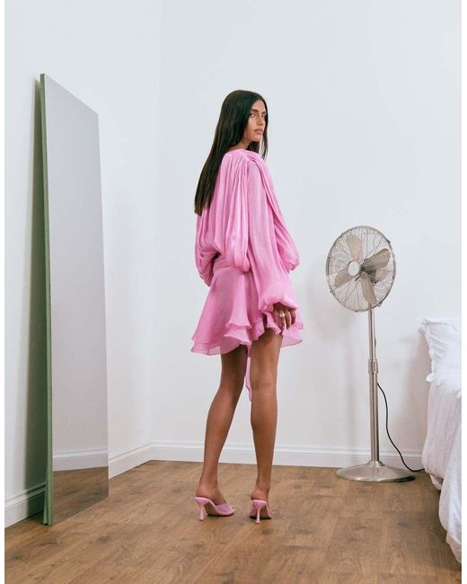 Lioness Gray Exclusive Elements High Sheen Chiffon Drape Detail Balloon Sleeve Tie Waist Mini Dress