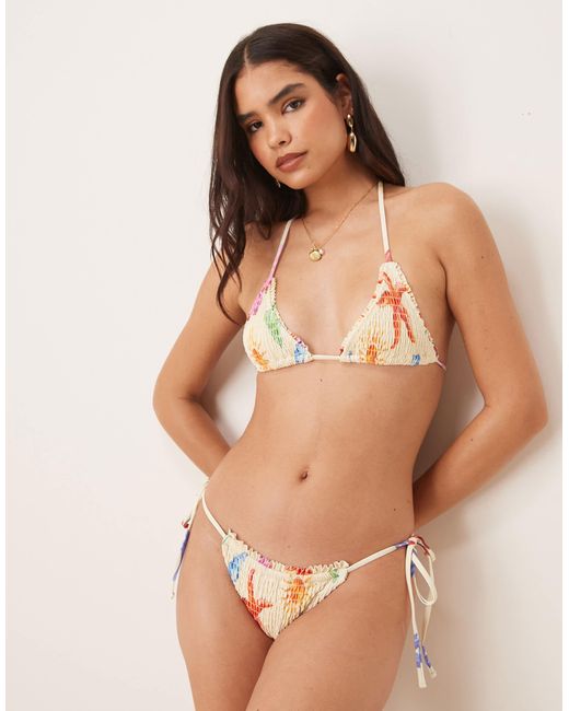 ASOS Brown – may – gesmokte, seitlich gebundene bikinihose mit muschelprint