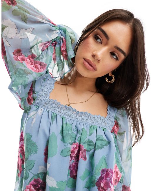 ASOS Blue Square Neck Blouse With Lace Trim