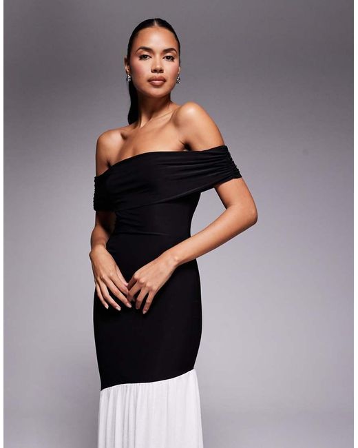Kaiia Multicolor Exclusive Double Layered Slinky Foldover Bardot Asymmetric Contrast Hem Maxi Dress