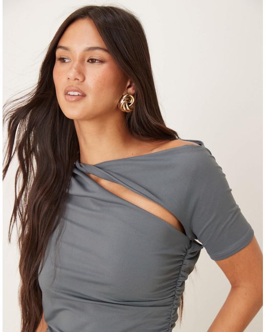 ASOS Premium Cut Out Ruched Drop Hem Maxi in Natural | Lyst