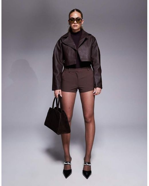 River Island Brown Faux Leather Crop Jacket With Balloon Sleeves