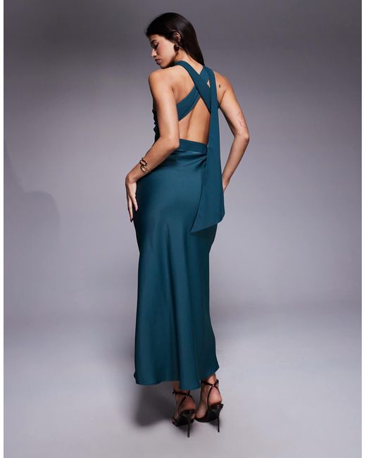 ASOS Blue One Shoulder Satin Midi Dress With Neck Sash