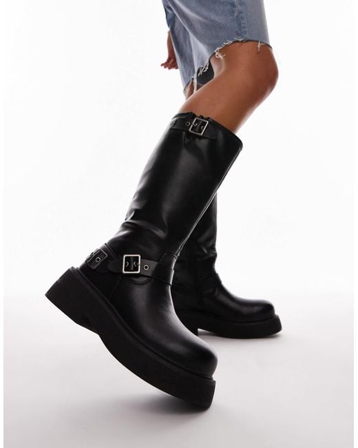 TOPSHOP Black Roy Chunky Biker Boots With Hardware