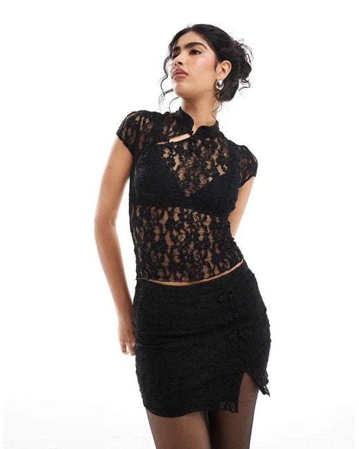 Pull&Bear Black High Collar Shoulder Detail Lace Top Co-ord