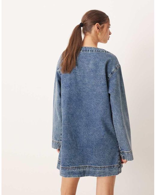 ASOS Blue Denim Boxy V Neck Shirt Dress With Pocket
