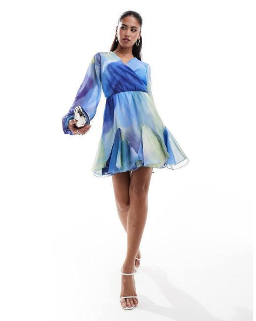 In The Style Blue X Perrie Sian Satin V Neck Floaty Mini Dress