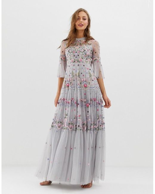 Needle & Thread Embroidered High Neck Gown In Dusk Blue