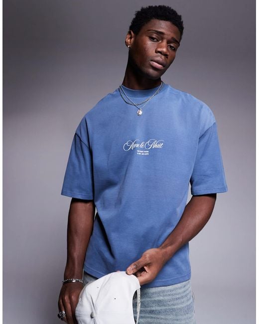 River Island Blue Oversized Ame Le Nuit Script T-Shirt for men