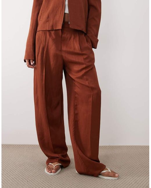 Mango Brown Vbbargen Linen Mix Pleated Front Straight Leg Pants