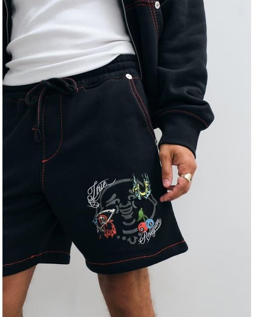 True Religion Blue Buddha Face Graphic Fleece Shorts Co-ord for men
