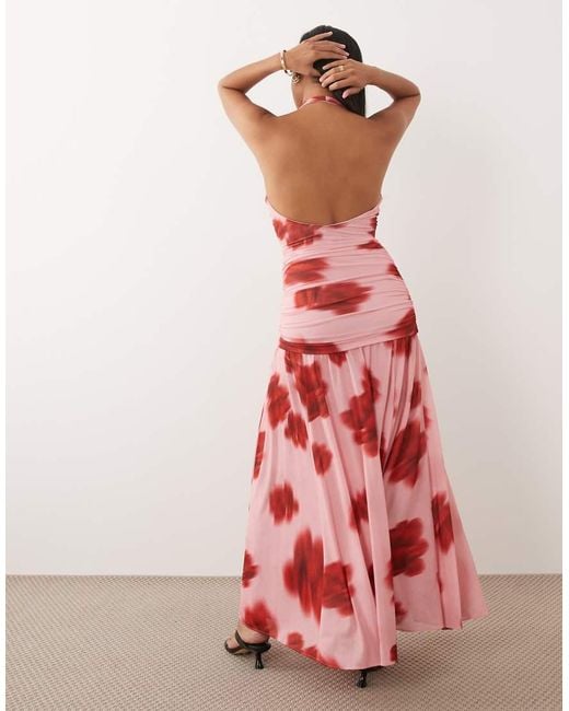Forever New Red Mesh Halter Neck Ruched Drop Waist Maxi Dress