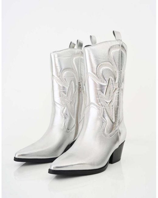 Public Desire White Calabasas Silver Western Embroidered Knee High Pointed Toe Cowboy Boots