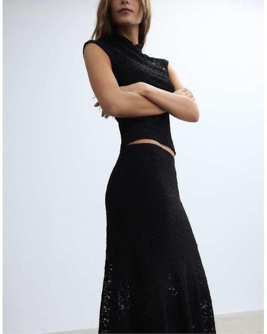 Stradivarius Black Asymmetric Lace Midi Skirt