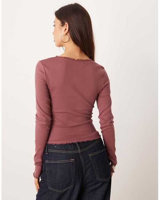 ASOS Red Lace Detail V-neck Long Sleeve Tee