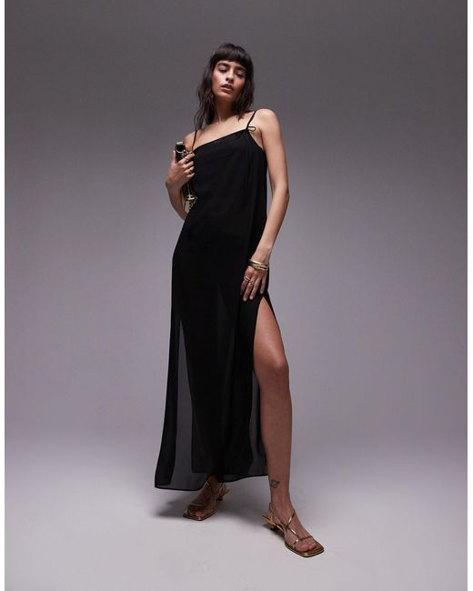TOPSHOP Black Sheer Midi Dress With Bow Detail