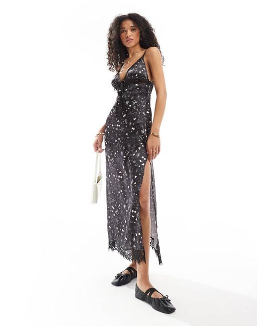 Miss Selfridge White Satin Tie Front Lace Trim Maxi Slip Dress