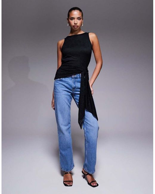 AFRM Blue Lace Sleeveless Knot Drape Detail Open Back Top