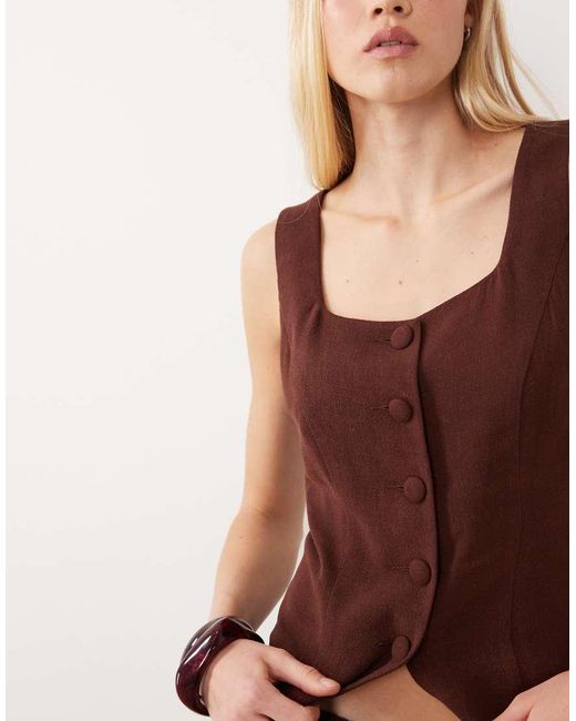 Miss Selfridge Brown Linen-blend Waistcoat