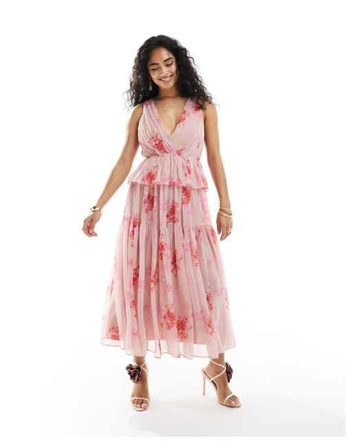ASOS Pink Plunge Pleated Tiered Midi Dress