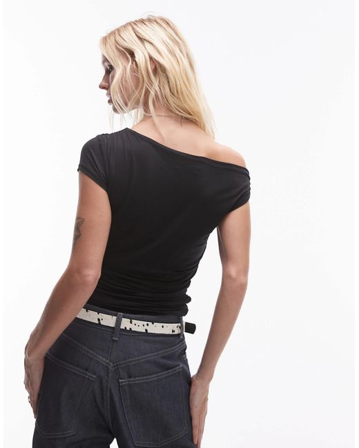 TOPSHOP Black Slinky Asymmetric Off The Shoulder Top