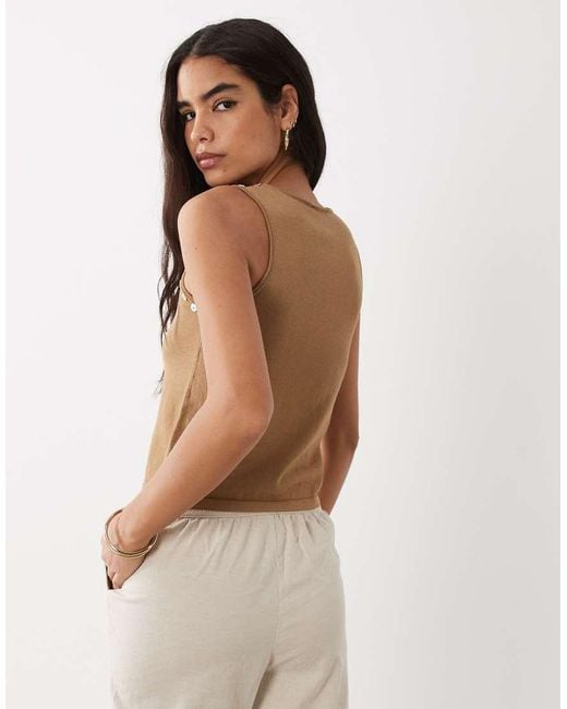 Mango Brown Racer Tank Top With Button Detail