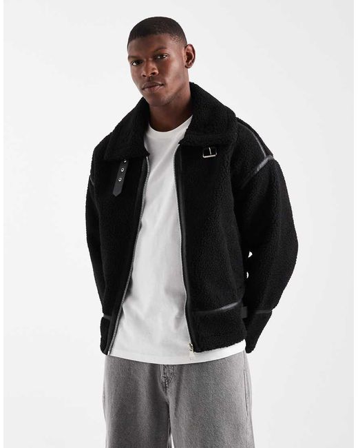 Redefined Rebel Black Boxy Shearling Aviator Jacket for men