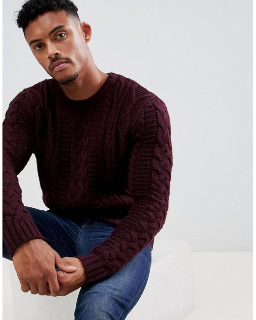 ASOS Red Heavyweight Cable Knit Sweater In Burgundy for men