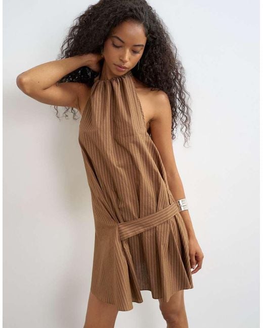 TOPSHOP Natural Halter Gathered Side Mini Dress With Tab Detail