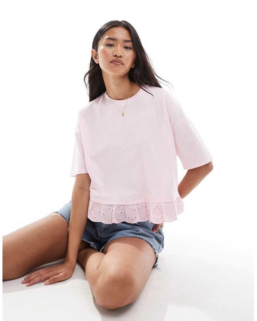 Miss Selfridge White Broderie Hem Short Sleeve T-shirt
