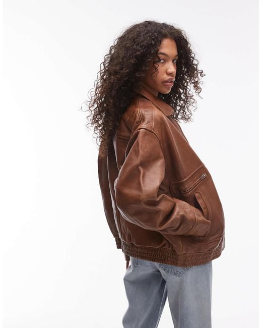 TOPSHOP Brown Premium Real Leather Oversized Bomber Jacket