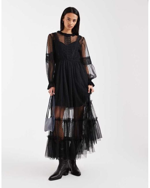 AllSaints Black Nita Long Sleeve Tulle Ruffle Maxi Dress