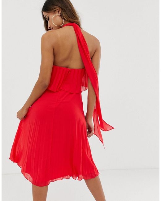 halter tie neck midi dress in pleat