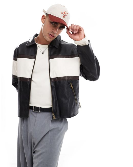 Cotton On – joey – schwarz-weiße jacke aus kunstleder in Natural für Herren