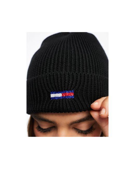 Tommy Hilfiger Black Flag Logo Beanie Hat