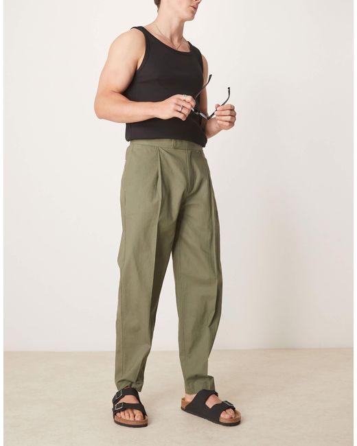 ASOS Natural Smart Oversized Tapered Linen Blend Trousers With Front Pleat for men