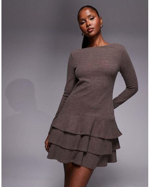 ASOS Gray Supersoft Long Sleeve Tiered Rara Skirt Mini Dress