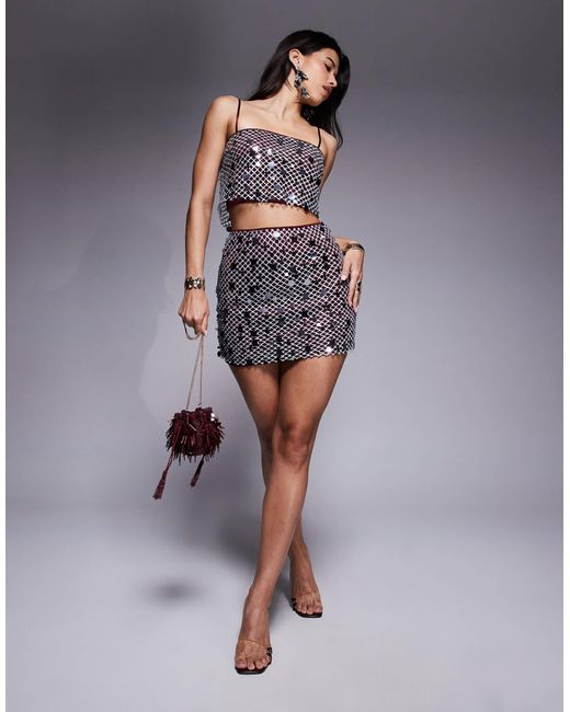 ASOS Red Co-ord Silver Sequin Overlay Satin Cami Top