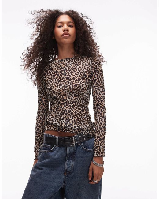 TOPSHOP Blue Crinkle Leopard Print Long Sleeve Top