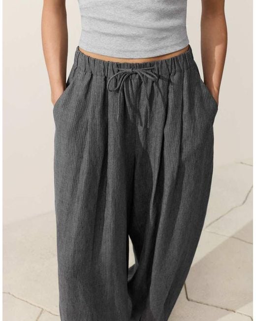 Oysho Black 100% Linen Striped Balloon Trousers