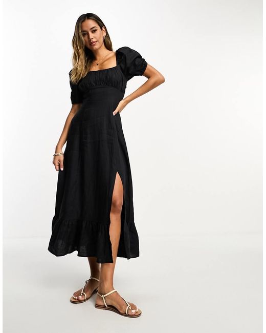 & Other Stories White Linen Puff Sleeve Midaxi Dress With Split